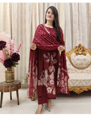 Cotton Kurti Pant Dupatta Set with Mulmul Print &amp; Self-Print Kurti